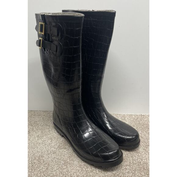 Chooka Signature Crocodilia Black Print Women Rain Boots Sz 10 Buckle Mid Calf - Picture 3 of 13